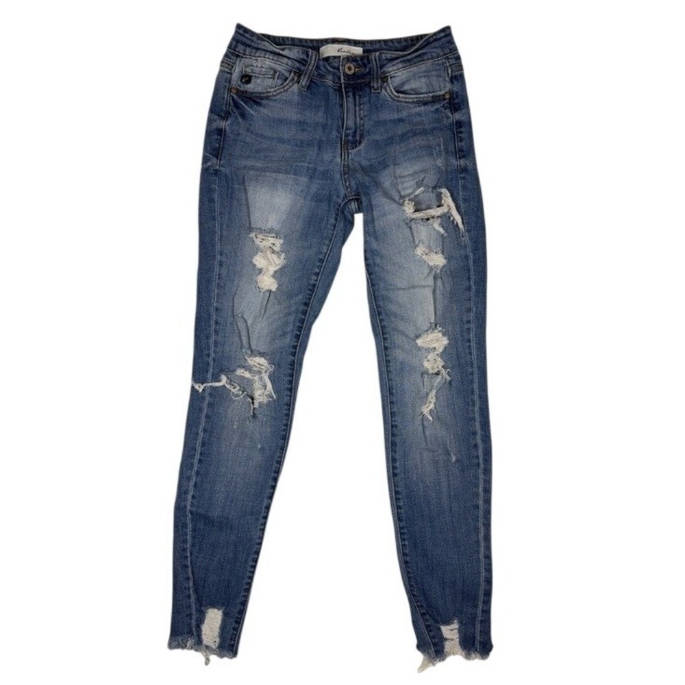 KanCan Jeans Women 5 KC7103M Blue Distressed Skinny Raw Hem Stretch‎